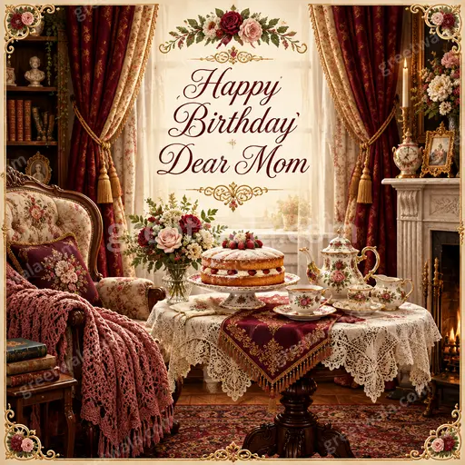 Ornate traditional birthday card for mom with elegant floral details, warm golden tones, and loving Happy Birthday Dear Mom greeting.