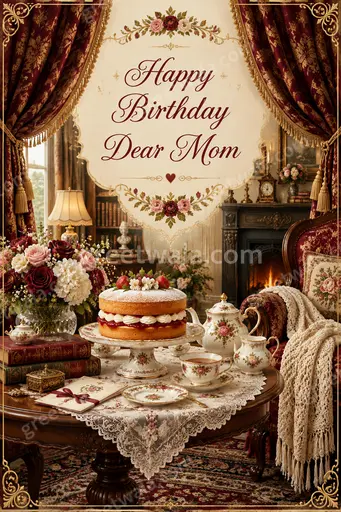 Ornate traditional birthday card with elegant floral details, warm loving mood celebrating Happy Birthday Dear Mom.