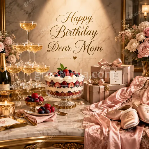 Premium elegant card displaying 'Happy Birthday Dear Mom' with soft florals, warm glow, and timeless loving grace.