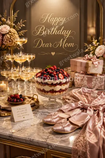 Elegant floral premium birthday card radiating warm love, featuring 'Happy Birthday Dear Mom' in graceful golden lettering.