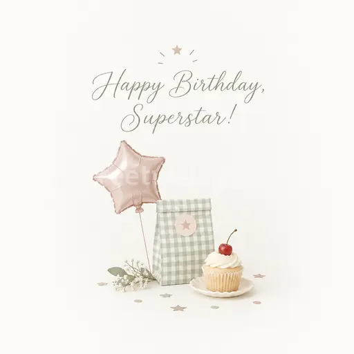 Elegant minimal child birthday card with soft pastels, delicate stars, and joyful 'Happy Birthday, Superstar!' mood.