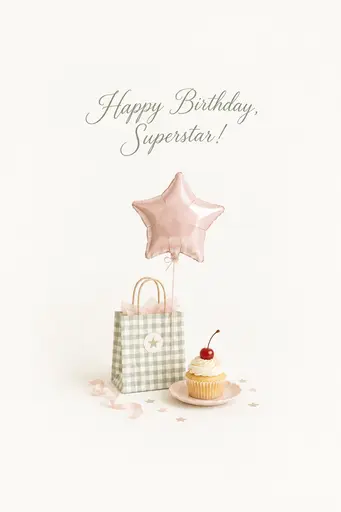 Elegant minimal birthday card for a child with soft pastels and playful stars around Happy Birthday, Superstar!