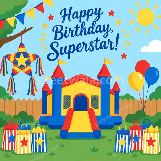 Cheerful flat vector birthday card with playful colors, balloons, stars, and bold Happy Birthday, Superstar! text for kids.