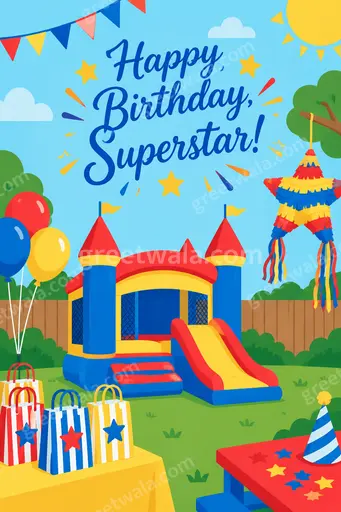 Playful modern flat vector kids birthday card with bright balloons, confetti, and cheerful joyful superstar mood.