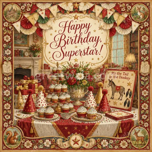 Ornate traditional birthday card for a child with joyful festive details, proudly displaying "Happy Birthday, Superstar!" in English.