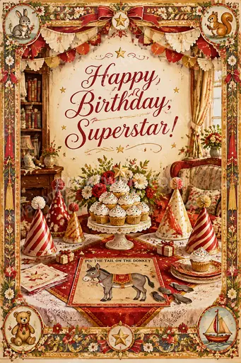 Ornate traditional birthday card for a child with joyful stars, rich festive colors, and greeting Happy Birthday, Superstar!