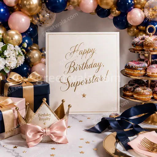 Playful premium birthday card with cheerful colors, cute stars, balloons, and joyful Happy Birthday, Superstar greeting.