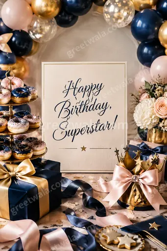 Vibrant playful premium birthday card radiating joy with colorful balloons, confetti, and cheerful Superstar celebration.