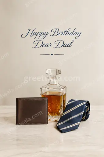 Elegant minimal card displaying Happy Birthday Dear Dad in refined lettering with calm warm sophisticated style.