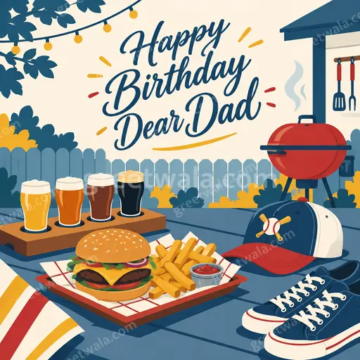 Modern flat vector birthday card for Dad with warm cheerful tones and elegant Happy Birthday Dear Dad lettering.