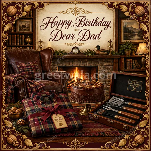 Ornate traditional birthday card for Dad with elegant gold flourishes, warm tones, and Happy Birthday Dear Dad lettering.