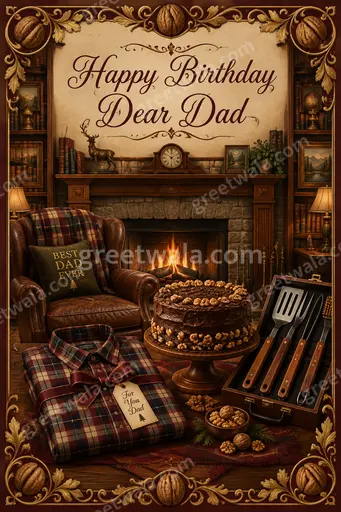 Ornate traditional birthday card for Dad with golden flourishes and warm heartfelt tones reading Happy Birthday Dear Dad.