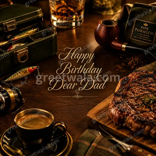 Premium birthday card for Dad with elegant navy and gold design, warm heartfelt mood, featuring Happy Birthday Dear Dad.