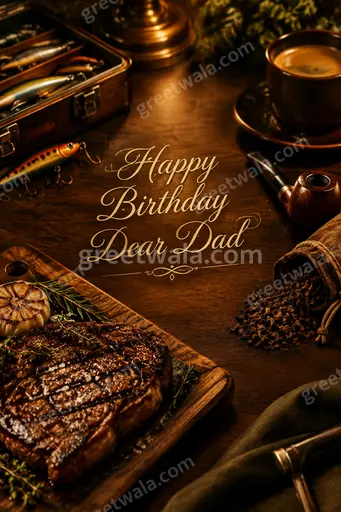 Premium elegant birthday card displaying 'Happy Birthday Dear Dad' with warm luxurious gold-toned celebratory sophistication.