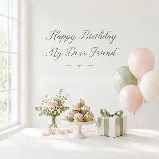Elegant minimal birthday card for a dear friend with soft neutral tones and graceful Happy Birthday My Dear Friend lettering.