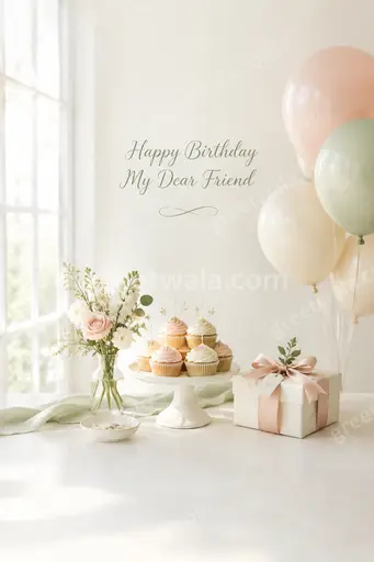 Elegant minimal friend birthday card displaying Happy Birthday My Dear Friend in soft calm festive style.