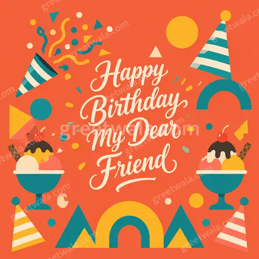 Cheerful modern flat vector birthday card in warm colors with festive balloons and joyful friendship mood.