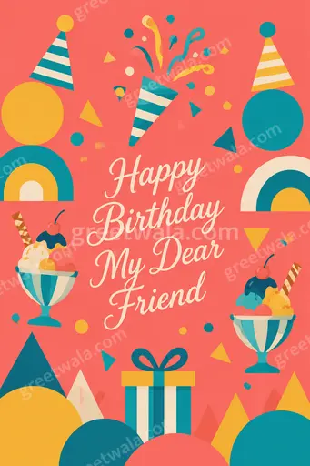 Cheerful flat vector card with bright balloons and confetti celebrating Happy Birthday My Dear Friend warmly.