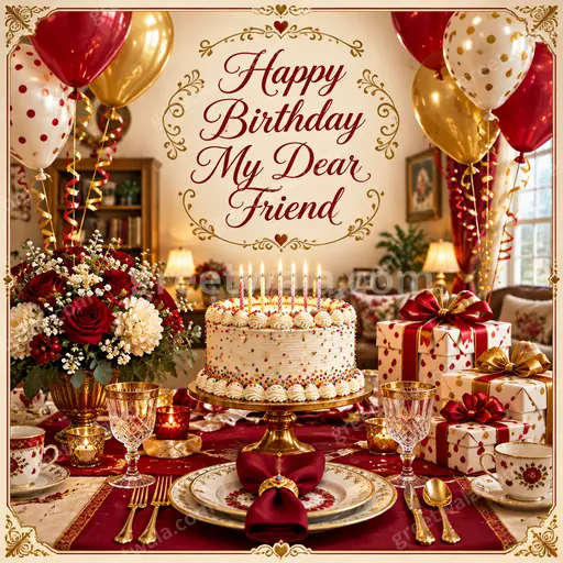 Ornate traditional card displaying 'Happy Birthday My Dear Friend' with golden flourishes and warm joyful elegance.
