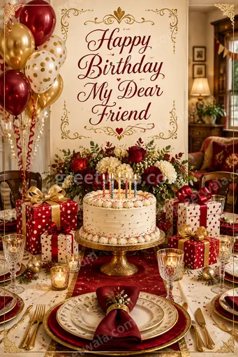 An ornate traditional card displaying 'Happy Birthday My Dear Friend' with elegant gold accents and warm joyful style.