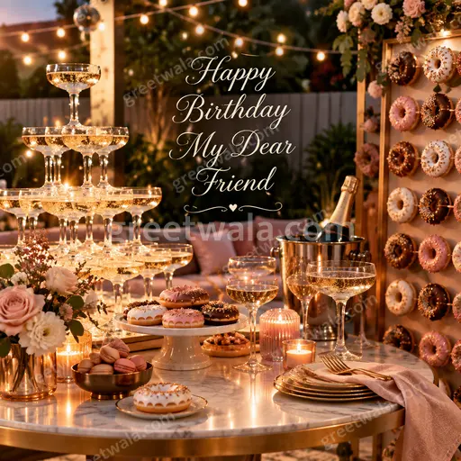 A premium birthday card with warm festive elegance, glowing accents and joyful heartfelt celebration for a dear friend.