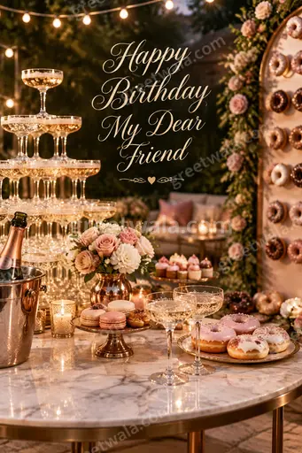 Premium floral birthday card with warm golden tones radiating joyful friendship and elegant festive charm.