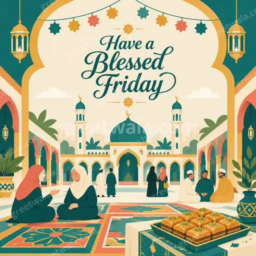 Modern flat vector card displaying Have a Blessed Friday in elegant type with serene sunrise, mosque silhouette, warm peaceful glow.