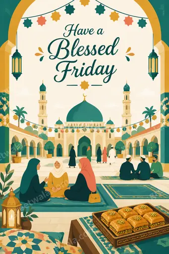 Modern flat vector card displaying Have a Blessed Friday over serene sunrise, mosque silhouette in warm peaceful gold tones.