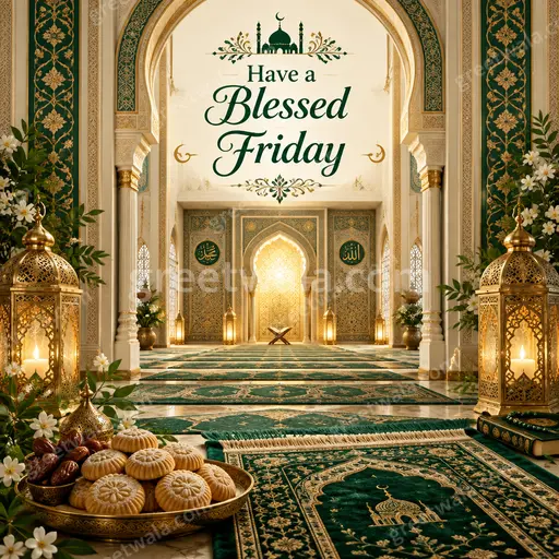 Ornate traditional Islamic card displaying Have a Blessed Friday with golden lanterns, arches and serene reverent glow.