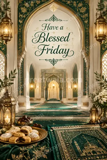 Ornate traditional card with golden Islamic arch, lanterns and mosque silhouette radiating peaceful reverence for Have a Blessed Friday.