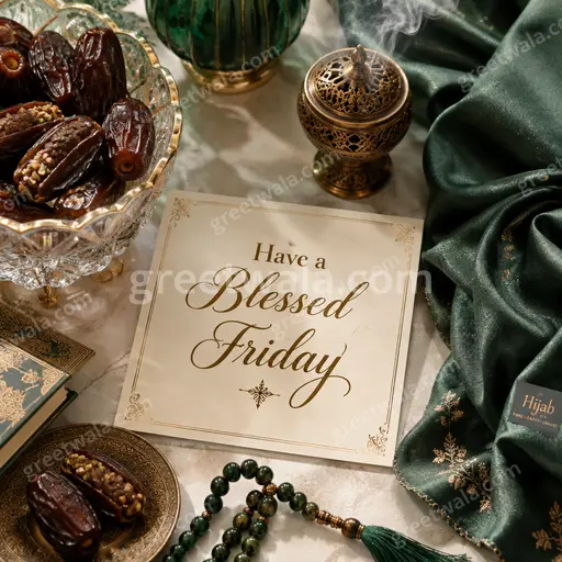Premium showcase card displaying Have a Blessed Friday in elegant gold script amid serene dawn light and soft glowing florals.