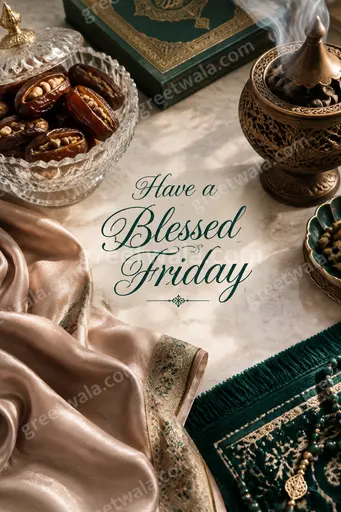 Premium elegant card displaying "Have a Blessed Friday" with golden sunrise, soft clouds, peaceful reverent mood.