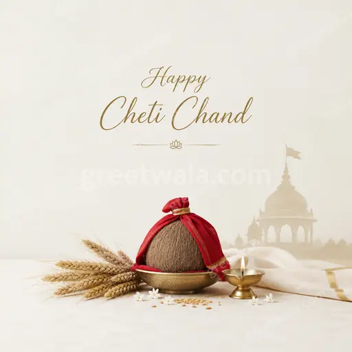 Elegant minimal English Cheti Chand card with Happy Cheti Chand text, soft golden tones and serene calm.