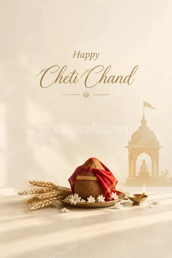 Elegant minimal Cheti Chand card with soft serene tones displaying Happy Cheti Chand in refined English typography.
