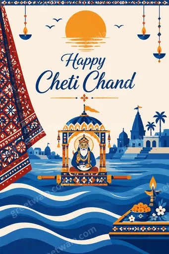 Modern flat vector card with joyful festive mood, bright colors, diyas and temple, reading Happy Cheti Chand.