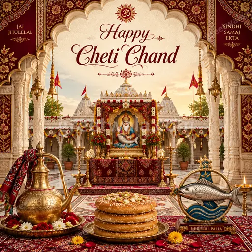 Ornate traditional card with golden temple motifs and diyas radiating festive joy, displaying Happy Cheti Chand elegantly.