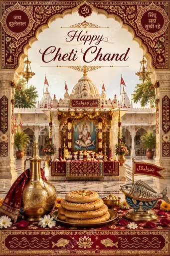 Ornate traditional Cheti Chand card with golden motifs and festive lights displaying Happy Cheti Chand warmly.