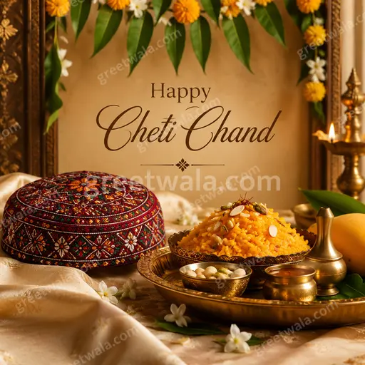 Elegant festive card with glowing diyas, Jhulelal-inspired motifs, and golden Happy Cheti Chand lettering in serene joyful style.