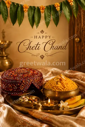 Premium Cheti Chand card with Happy Cheti Chand greeting, golden temple glow, serene festive divine elegance.