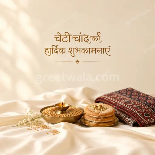 Elegant minimal ivory and gold Cheti Chand card displaying 'चेटी चांद की हार्दिक शुभकामनाएं' with calm festive radiance.