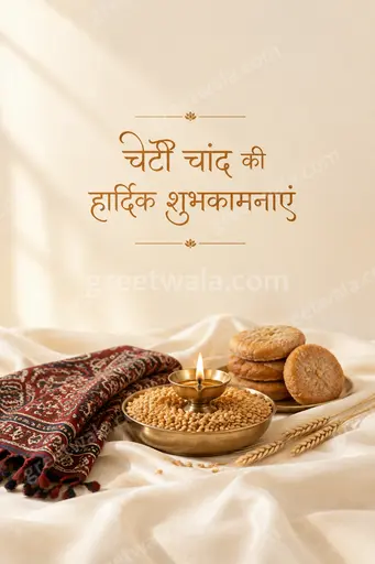 Elegant minimal Cheti Chand card in soft serene tones displaying 'चेटी चांद की हार्दिक शुभकामनाएं' with graceful calm.