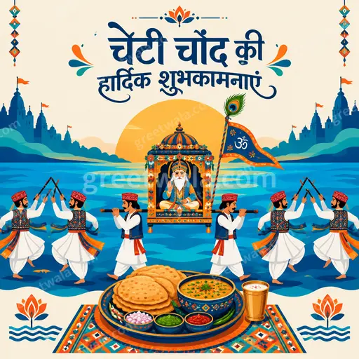 Modern flat vector Cheti Chand card with festive joyful mood featuring diyas temple moon text चेटी चांद की हार्दिक शुभकामनाएं.