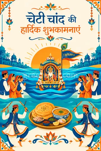 Cheerful modern flat vector Cheti Chand card displaying 'चेटी चांद की हार्दिक शुभकामनाएं' in warm festive elegant style.