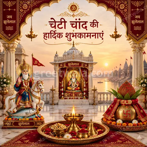 Ornate traditional Cheti Chand card displaying Hindi festive greeting amid glowing diyas, sacred symbols, joyful devotional celebration mood.