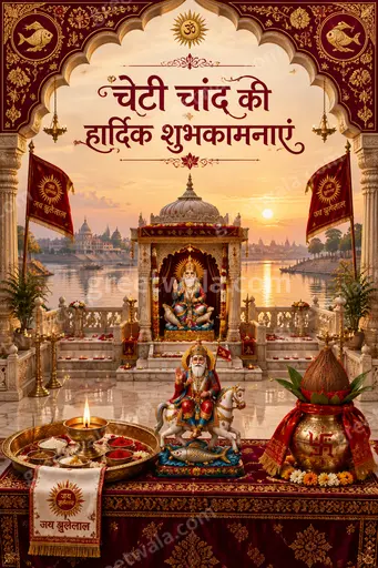 Ornate traditional Cheti Chand card glowing with festive warmth, showcasing Hindi greeting in elegant golden devotional artistry.