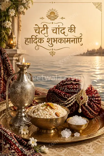 Premium Hindi Cheti Chand showcase card showing 'चेटी चांद की हार्दिक शुभकामनाएं' with serene radiant festive elegance.