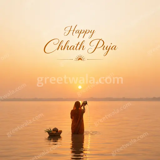 Elegant minimal Chhath Puja card with serene sunrise, devotees offering, in warm gold tones wishing Happy Chhath Puja.