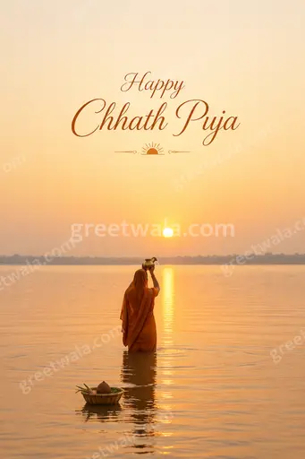 Elegant minimal card with serene sunrise over river, devotees offering prayers, soft golden tones and Happy Chhath Puja text.
