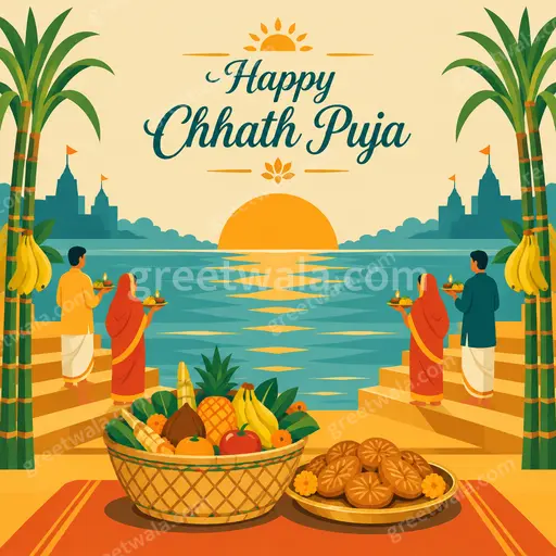 A modern flat vector card reading Happy Chhath Puja with serene sunrise, river devotees, and warm festive colors.