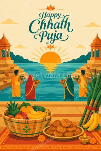 Modern flat vector Happy Chhath Puja card with radiant sunrise, river offerings, glowing with serene festive devotion.